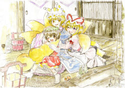 Rule 34 | 3girls, ;d, alcohol, animal ears, animal hat, architecture, bamboo, barefoot, blonde hair, blush, bottle, bow, brown eyes, brown hair, bucket, cat ears, cat girl, cat tail, chen, choko (cup), cup, earrings, east asian architecture, female focus, food, fox tail, frills, fruit, hand on another&#039;s head, hat, hat ribbon, holding another&#039;s tail, hug, hugging another&#039;s tail, indoors, jewelry, kneeling, lace trim, lantern, long hair, long sleeves, looking at another, looking at viewer, mandarin orange, master (4th), mob cap, multiple girls, multiple tails, no shoes, on floor, one eye closed, open mouth, painting (medium), paper lantern, puffy long sleeves, puffy sleeves, purple eyes, red bow, red ribbon, ribbon, rug, sake, sake bottle, short hair, sitting, sliding doors, slit pupils, smile, socks, tabard, tail, hugging tail, tokkuri, touhou, traditional media, watercolor (medium), wooden bucket, wooden floor, yakumo ran, yakumo yukari, yellow eyes