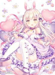 Rule 34 | 1girl, :d, animal ears, bare shoulders, blush, bow, commentary, double bun, dress, english commentary, flower, frilled dress, frilled thighhighs, frills, garter straps, hair bow, hair bun, heart, highres, holding, holding flower, light brown hair, long hair, looking at viewer, open mouth, original, pink flower, polka dot, purple bow, purple flower, purple footwear, rabbit ears, shoe soles, shoes, signature, simple background, sleeveless, sleeveless dress, smile, solo, thighhighs, twitter username, very long hair, wasabi (sekai), white background, white flower, white thighhighs, wrist cuffs, yellow eyes