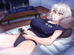 Rule 34 | 1boy, 1girl, ahoge, bed, black panties, black shirt, blue shirt, blurry, breasts, coffee table, controller, covered erect nipples, depth of field, fate/grand order, fate (series), game console, game controller, hair between eyes, jeanne d&#039;arc (fate), jeanne d&#039;arc alter (avenger) (fate), jeanne d&#039;arc alter (fate), large breasts, lying, on back, open mouth, panties, playstation 4, puripuri jet, shirt, short hair, silver hair, solo focus, sony, t-shirt, table, underwear, yellow eyes