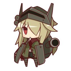 Rule 34 | 1girl, blonde hair, cannon, chibi, coat, finger to mouth, hair over one eye, helmet, long hair, nuu (nu-nyu), personification, red eyes, simple background, solo, t26e4 superpershing, white background, world of tanks