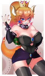 Rule 34 | 1girl, absurdres, blonde hair, blue eyes, bowser, bowsette, bracelet, breasts, cleavage, collar, crown, highres, horns, jewelry, looking at viewer, mario (series), nintendo, ponytail, ringo-chan (saikoaweonao23), sharp teeth, smile, solo, spiked bracelet, spiked collar, spikes, super crown, teeth, turtle shell