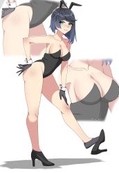 Rule 34 | 1girl, absurdres, armpit peek, blue hair, blush, breasts, cleavage, close-up, genshin impact, green eyes, hand on own hip, hand on own thigh, hand on thigh, heels, highres, large breasts, leaning forward, leotard, rabbit ears, seductive smile, sharuneco, smile, yelan (genshin impact)