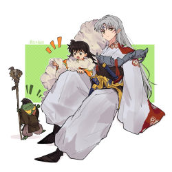 Rule 34 | 1boy, 1girl, 1other, armor, black eyes, black footwear, black hair, blush, character request, chya dan go12, commentary request, crescent, facial mark, forehead mark, fur, grey hair, highres, inuyasha, japanese clothes, kimono, long hair, looking at viewer, open mouth, pointy ears, sesshoumaru, simple background, sitting, sword, very long hair, very long sleeves, weapon, white background, wide sleeves, yellow eyes