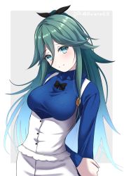 Rule 34 | 1girl, arms behind back, black ribbon, blouse, blue shirt, breasts, casual, collared shirt, crossed arms, frills, gradient background, green eyes, green hair, grey background, hachiware (8ware63), hair flaps, hair ribbon, highres, kantai collection, long hair, long sleeves, medium breasts, neckerchief, official alternate costume, ponytail, ribbon, shirt, signature, skirt, solo, suspender skirt, suspenders, twitter username, white background, white skirt, yamakaze (kancolle)
