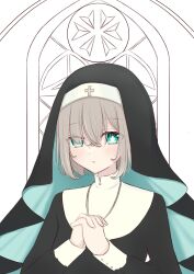 Rule 34 | 1girl, aiueoai0319, blue eyes, expressionless, grey hair, habit, highres, jewelry, long sleeves, looking at viewer, necklace, nun, original, own hands clasped, own hands together, short hair, solo