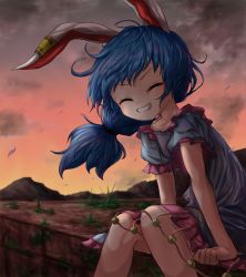Rule 34 | 1girl, animal ears, bad id, bad pixiv id, blue dress, brick wall, closed eyes, cloud, cloudy sky, dress, earclip, facing viewer, feet out of frame, grass, grin, hair blowing, highres, kayon (touzoku), knees together feet apart, layered dress, leaning forward, legs together, long hair, low-tied long hair, mountain, pink skirt, puffy short sleeves, puffy sleeves, rabbit ears, red sky, seiran (touhou), short sleeves, sitting, skirt, sky, smile, solo, sunset, touhou, twilight, wind