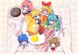 Rule 34 | 2boys, 4girls, :d, :q, ^ ^, adapted costume, aqua eyes, aqua hair, bacon, blonde hair, blue bow, blue eyes, blue hair, blue scarf, bow, bread slice, breakfast, brown eyes, brown hair, bug, butterfly, chibi, closed eyes, coat, coffee, coffee cup, commentary, cream, cucumber, cucumber slice, cup, diamond (shape), disposable cup, dress, eating, egg (food), finger to mouth, flower, food, fork, from above, hair bow, hair ornament, hairclip, happy, hatsune miku, holding, holding food, holding fork, holding knife, in food, insect, kagamine len, kagamine rin, kaito (vocaloid), knife, lace, lettuce, long hair, long sleeves, looking at viewer, megurine luka, meiko (vocaloid), mini person, miniboy, minigirl, multiple boys, multiple girls, nail polish, napkin, necktie, open mouth, out of frame, outstretched arms, pants, partially unbuttoned, pink hair, plate, ponytail, pov, pov hands, red bow, red nails, sailor collar, sausage, scarf, shoes, short hair, short sleeves, shorts, smile, spread arms, steam, sugar cube, sunny side up egg, toast, tomato, tongue, tongue out, twintails, very long hair, vocaloid, yoshiki