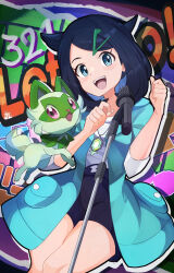 Rule 34 | 1girl, :d, absurdres, black hair, black shorts, blush, clenched hands, coat, commentary request, cowlick, creatures (company), eyelashes, game freak, green coat, green eyes, hair ornament, hairclip, highres, jewelry, knees, liko (pokemon), microphone, microphone stand, necklace, nintendo, open clothes, open coat, open mouth, pokemon, pokemon (anime), pokemon (creature), pokemon horizons, shirt, shorts, smile, sprigatito, teeth, tongue, umiru, upper teeth only, white shirt