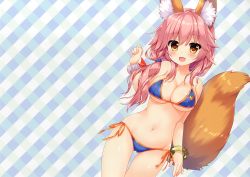 Rule 34 | 1girl, :d, absurdres, ameto yuki, animal ear fluff, animal ears, bikini, blue bikini, blush, bracelet, breasts, brown eyes, cameltoe, cleavage, collarbone, cowboy shot, detexted, dutch angle, fang, fate/grand order, fate (series), female focus, fox ears, fox tail, gluteal fold, hair over shoulder, halterneck, highres, jewelry, large breasts, looking at viewer, low ponytail, navel, open mouth, pink hair, scan, side-tie bikini bottom, smile, solo, string bikini, swimsuit, tail, tamamo (fate), tamamo no mae (fate/extra), tamamo no mae (swimsuit lancer) (fate), third-party edit