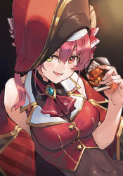 Rule 34 | 1girl, absurdres, alcohol, bare shoulders, blouse, blush, breasts, brooch, buttons, cleavage, commentary request, cup, hair between eyes, hat, heterochromia, highres, holding, holding cup, hololive, houshou marine, jewelry, joker (tomakin524), leotard, leotard under clothes, light, long hair, looking at viewer, navel, off shoulder, open mouth, pirate, pirate hat, red eyes, red hair, red neckwear, see-through, see-through cleavage, see-through leotard, shirt, simple background, sleeveless, sleeveless shirt, smile, solo, stomach, upper body, virtual youtuber, whiskey, yellow eyes