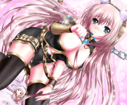 Rule 34 | 1girl, :3, animal ears, blue eyes, blue nails, blush, breasts, cat ears, cat tail, cleavage, large breasts, long hair, megurine luka, nail polish, nohoho (kakikonchi), nyan, paw pose, pink hair, smile, solo, tail, thighhighs, vocaloid
