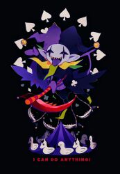 Rule 34 | 1boy, absurdres, black background, black cloak, black sclera, carousel, cloak, colored sclera, colored skin, colored tongue, commentary request, deltarune, english text, from side, full body, gloves, hand up, hat, highres, holding, holding scythe, jester, jester cap, jevil, looking at viewer, male focus, open mouth, pointy ears, purple gloves, purple skin, purple tongue, scythe, sharp teeth, simple background, smile, solo, spade (shape), standing, teeth, tongue, tongue out, y o u k a, yellow eyes