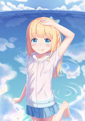 Rule 34 | 1girl, :q, absurdres, abwan, arm up, barefoot, blonde hair, blue bow, blue skirt, blue sky, blush, bow, breasts, closed mouth, cloud, commentary request, day, drawstring, hair bow, highres, hood, hood down, hoodie, horizon, long hair, ocean, original, outdoors, pleated skirt, short sleeves, skirt, sky, small breasts, smile, solo, standing, standing on one leg, tongue, tongue out, water, water drop, white hoodie