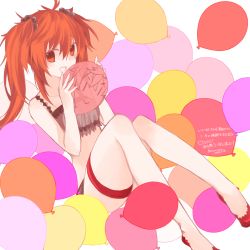 Rule 34 | 1girl, balloon, bare shoulders, bra, fate/grand order, fate (series), hair ornament, long hair, lowres, matching hair/eyes, midriff, open mouth, orange eyes, orange hair, panties, red footwear, shoes, sita (fate), thigh strap, twintails, underwear