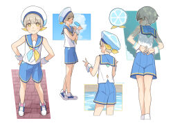Rule 34 | 1boy, anchor ornament, beach, blonde hair, blue footwear, blue headwear, blue ribbon, blue shorts, blue sky, brick floor, cloud, detached sleeves, food, from behind, from side, hands on own back, hands on own hips, hands up, hat, highres, holding, holding food, holding ice cream, ice cream, looking at viewer, looking back, male focus, mubo, multicolored ribbon, multiple views, open mouth, original, ribbon, sailor hat, school uniform, serafuku, shadow, shirt, shorts, sky, sleeveless, smile, standing, tongue, tongue out, trap, v, white background, white shirt, yellow eyes, yellow ribbon