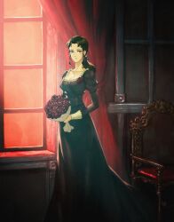 Rule 34 | 1990s (style), 1girl, bara to tsubaki, black dress, black hair, bouquet, breasts, cleavage, commentary, curtains, david liu, dress, english commentary, flower, frilled dress, frills, full body, highres, holding, holding bouquet, juliet sleeves, long dress, long hair, long sleeves, looking at viewer, low neckline, medium breasts, official art, puffy sleeves, red flower, red rose, retro artstyle, rose, solo, tsubakikoji reiko, window, wrist cuffs