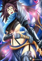 Rule 34 | 1girl, breasts, brown hair, covered erect nipples, female focus, gender request, genderswap, gradient background, grey eyes, katana, large breasts, league of legends, long hair, looking at viewer, midriff, moon, navel, open hand, open mouth, ponytail, scar, scarf, sheath, sheathe, skirt, sky, smile, solo, spiked hair, sword, thighs, torahime (roland00), underboob, weapon, yasuo (league of legends)