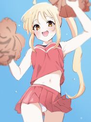 Rule 34 | 1girl, ahoge, alternate costume, arm up, armpits, blonde hair, blue background, blush, bocchi the rock!, cheerleader, clothes lift, commentary request, cowboy shot, cropped shirt, detached ahoge, dot nose, from below, highres, holding, holding pom poms, ijichi nijika, long hair, looking at viewer, looking down, midriff, miniskirt, navel, open mouth, panties, pantyshot, pleated skirt, pom pom (cheerleading), pom poms, red eyes, red shirt, red skirt, revision, shirt, side ponytail, sidelocks, simple background, skirt, skirt lift, sleeveless, sleeveless shirt, smile, solo, stomach, sweat, thigh gap, thighs, ukitaryu, underwear, white panties