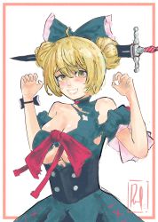 Rule 34 | 1girl, absurdres, bare shoulders, blonde hair, blue dress, blush, border, bow, breasts, cleavage, cosplay, cowboy shot, double bun, dress, grin, hair bow, hair bun, hair ornament, highres, hololive, hololive indonesia, holoro, kureiji ollie, kureiji ollie (cosplay), large breasts, looking at viewer, matching hair/eyes, orange border, simple background, smile, solo, standing, torn clothes, torn dress, virtual youtuber, white background, yellow eyes, yozora mel