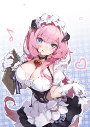 Rule 34 | 1girl, :q, apron, asc11, black dress, black horns, blue eyes, breasts, cleavage, closed mouth, commentary, cowboy shot, dress, elf, elysia (honkai impact), elysia (miss pink elf) (honkai impact), frilled hairband, frills, gloves, hairband, heart, highres, holding, holding notepad, honkai (series), honkai impact 3rd, horns, large breasts, long hair, musical note, notepad, pink hair, pointy ears, short sleeves, skirt hold, smile, solo, symbol-only commentary, tongue, tongue out, very long hair, white apron, white gloves, white hairband, white sleeves