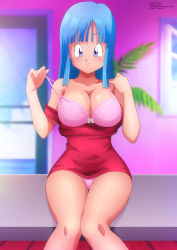 Rule 34 | 1girl, absurdres, bench, blue eyes, blue hair, blunt bangs, blurry, blurry background, blush, bow, bow bra, bra, breasts, cleavage, clothes pull, cloud, collarbone, day, door, dragon ball, dragonball z, dress, dress pull, facing viewer, highres, indoors, kame house, knees together feet apart, large breasts, looking at viewer, maron (dragon ball), panties, pantyshot, pink bra, pink panties, plant, potted plant, red dress, self exposure, short dress, short hair, sitting, sky, sleeveless, sleeveless dress, smile, strap slip, thigh gap, underwear, wall, white bow, window, zel-sama