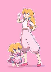 Rule 34 | 2girls, alternate costume, arabian clothes, baby, baby peach, blonde hair, blue eyes, capelet, clenched hand, dual persona, earrings, full body, gloves, hand on own hip, highres, jewelry, mario (series), multiple girls, nintendo, pink background, pink capelet, pink footwear, pink skirt, pink vest, princess peach, saiwo (saiwoproject), simple background, skirt, sphere earrings, standing, the super mario bros. movie, vest, white gloves
