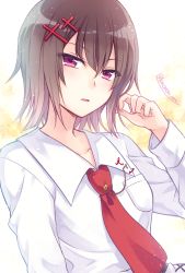 Rule 34 | 1girl, brown hair, character request, collarbone, cross hair ornament, hair between eyes, hair ornament, highres, kousetsu, long sleeves, looking at viewer, necktie, open mouth, red eyes, red necktie, shirt, short hair, solo, tsukino talent production, tsukiuta, upper body, white shirt