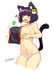 Rule 34 | 1girl, ;d, absurdres, animal ears, arrow (symbol), azur lane, blunt bangs, blush, breast hold, breast lift, breasts, cat ears, collarbone, cowboy shot, cropped jacket, dog mask, heart, highres, kion-kun, large breasts, looking at viewer, mask, mask on head, navel, one eye closed, open mouth, panties, purple hair, red eyes, see-through, shiny skin, short hair, sideboob, simple background, smile, solo, standing, stomach, thick eyebrows, thighs, twitter username, underwear, white background, white panties, yamashiro (azur lane)