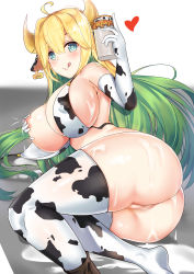 Rule 34 | 1girl, absurdres, animal ears, animal print, aqua eyes, ass, bell, blonde hair, blush, breasts, censored, choker, cow ears, cow girl, cow horns, cow print, cow print bikini, cowbell, deogho (liujinzy9854), ear tag, elbow gloves, elf, elven forest maker, elven forest maker (last origin), gloves, green hair, highres, horns, huge ass, lactation, large breasts, last origin, long hair, looking at viewer, lying, milk, multicolored hair, neck bell, nipples, on side, pointy ears, print bikini, smile, solo, thick thighs, thighhighs, thighs, tongue, tongue out, wide hips