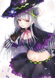 Rule 34 | 1girl, absurdres, belly, black capelet, black gloves, black headwear, black shirt, black skirt, blunt bangs, blush, breasts, capelet, commentary, cowboy shot, cropped shirt, gloves, hair bun, hairband, hat, hexagram hair ornament, highres, hololive, long hair, looking at viewer, midriff, miniskirt, murasaki shion, murasaki shion (1st costume), navel, neck ribbon, open mouth, orange eyes, pink ribbon, pinstripe pattern, pinstripe shirt, pointing, pointing at viewer, ribbon, shirt, side bun, silver hair, simple background, single hair bun, single side bun, skirt, small breasts, solo, straight hair, striped clothes, striped shirt, taht (that is mm), vertical-striped clothes, vertical-striped shirt, virtual youtuber, white background, witch hat