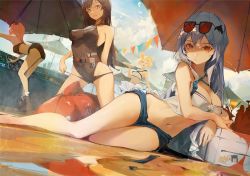 Rule 34 | 4girls, ;d, arknights, arm support, ass, bare arms, bare legs, bare shoulders, bikini, bikini skirt, bikini top only, black bikini, black shorts, black one-piece swimsuit, blonde hair, blue shorts, breasts, brown eyes, brown hair, casual one-piece swimsuit, cleavage, closed mouth, croissant (arknights), croissant (seeker) (arknights), day, eyewear on head, eyyy, gummy (arknights), gummy (summer flowers) (arknights), inflatable orca, inflatable toy, kneeling, long hair, lying, medium breasts, mixing console, multiple girls, navel, official alternate costume, on side, one-piece swimsuit, one eye closed, open mouth, orange hair, orca hair ornament, outdoors, pennant, red-tinted eyewear, red eyes, short hair, shorts, silver hair, skadi (arknights), skadi (waverider) (arknights), skyfire (arknights), skyfire (temperature difference) (arknights), smile, sora (arknights), stomach, sunglasses, sunlight, swimsuit, texas (arknights), tinted eyewear, umbrella, very long hair, white bikini