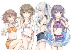 Rule 34 | 10s, 4girls, :o, ;d, akatsuki (kancolle), bikini, black hair, blue eyes, brown eyes, brown hair, casual one-piece swimsuit, frilled swimsuit, frills, from side, hand grab, hibiki (kancolle), holding hands, ikazuchi (kancolle), inazuma (kancolle), innertube, kantai collection, multiple girls, one-piece swimsuit, one eye closed, open mouth, silver hair, simple background, smile, swim ring, swimsuit, v, wataame27
