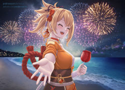 Rule 34 | beach, blonde hair, candy apple, fireworks, food, genshin impact, high ponytail, highres, japanese clothes, kimono, ocean, pralinesquire, vision (genshin impact), yoimiya (genshin impact)