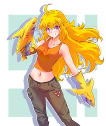 Rule 34 | 1girl, ahoge, arm up, bare arms, blonde hair, blush, breasts, brown pants, cargo pants, closed mouth, collarbone, facing viewer, fire, floating hair, gloves, hand up, happy, highres, iesupa, large breasts, long hair, looking at viewer, midriff, navel, orange shirt, pants, prosthesis, prosthetic arm, puppet, purple eyes, rwby, shadow, shark, shirt, smile, solo, standing, tank top, wavy hair, yang xiao long