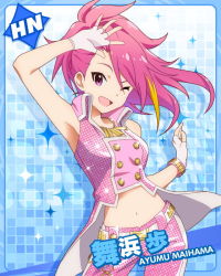 Rule 34 | 10s, 1girl, ;d, armpits, bracelet, character name, contrapposto, crop top, female focus, fingerless gloves, gloves, idolmaster, idolmaster million live!, jewelry, kawakami tetsuya, looking at viewer, maihama ayumu, midriff, multicolored hair, navel, necklace, official art, one eye closed, open mouth, pink eyes, pink hair, smile, solo, standing
