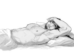 Rule 34 | 1boy, abs, armpit hair, armpits, asian, bara, beard, bed sheet, chest hair, commentary, english commentary, facial hair, from side, greyscale, hairy, hand on own face, highres, large pectorals, long hair, looking at viewer, lying, male focus, mature male, monochrome, muscular, muscular male, mustache, naked sheet, navel, navel hair, nipples, on back, original, pectorals, peippo (peipporn), realistic, solo, stomach, waking up
