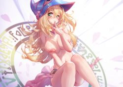Rule 34 | 1girl, bikini, blonde hair, blue hat, blue nails, blush, breasts, cleavage, closed mouth, collar, dark magician girl, duel monster, facial mark, facing viewer, feet out of frame, finger to mouth, fingernails, green eyes, hair between eyes, hat, knees together feet apart, large breasts, legs, long hair, looking at viewer, mitsu (mitsu art), nail polish, navel, patreon username, sitting, smile, solo, stomach, swimsuit, topless, wizard hat, yu-gi-oh!, yu-gi-oh! duel monsters