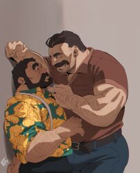 Rule 34 | 2boys, absurdres, arm behind back, arm hair, bara, beard, belt, blush, bulge, character request, chest hair, collared shirt, dark-skinned male, dark skin, denim, eye contact, facial hair, feet out of frame, from side, hairy, hawaiian shirt, highres, jeans, kabedon, large pectorals, looking at another, male focus, mature male, multiple boys, muscular, muscular male, mustache, old, old man, original, pants, pectorals, recending hairline, red shirt, ross (doodlrenzo), ross (renzo), seductive smile, shirt, short hair, smile, standing, suspenders, thick eyebrows, wrinkled skin, yaoi
