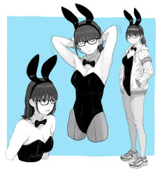 Rule 34 | 1girl, :s, animal ears, armband, armpits, arms behind head, blue background, bow, bowtie, breasts, bunny day, cleavage, closed eyes, collarbone, cropped arms, cropped legs, cropped torso, detached collar, fake animal ears, full body, glasses, greyscale with colored background, gufu (guffuumu), hairband, hands in pockets, hood, hoodie, leotard, looking at viewer, medium breasts, medium hair, mole, mole on breast, mole on cheek, mole under mouth, multiple views, open clothes, open hoodie, original, pantyhose, parted lips, playboy bunny, ponytail, rabbit ears, shoes, single sidelock, sneakers, standing, wrist cuffs