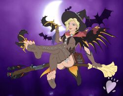 Rule 34 | absurdres, barefoot, blonde hair, blue eyes, broom, broom riding, feet, foot focus, hat, highres, witch, witch hat