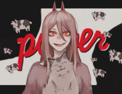 Rule 34 | 1girl, 1other, cat, chainsaw man, cow, cross-shaped pupils, hair between eyes, horns, long hair, looking at viewer, meowy (chainsaw man), nakano (2 mannaka), pink hair, pink shirt, power (chainsaw man), red horns, sharp teeth, shirt, small horns, smile, solo focus, sweater, symbol-shaped pupils, teeth, white cat, yellow eyes