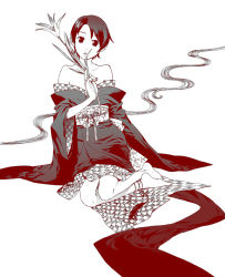 Rule 34 | 1girl, asami you, bare shoulders, blue theme, brown theme, flower, hitoko, japanese clothes, kimono, lily (flower), monochrome, off shoulder, original, short hair, simple background, solo, white background