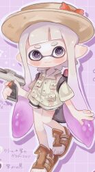 Rule 34 | 1girl, black eyes, bow, brown footwear, brown hat, closed mouth, commentary request, full body, gradient hair, grid background, gun, hat, hat bow, highres, hiking sandals, holding, holding gun, holding weapon, inkling, inkling girl, inkling player character, long hair, multicolored hair, n-zap (splatoon), nintendo, pointy ears, purple background, purple hair, red bow, sandals, simple background, solo, splatoon (series), standing, standing on one leg, tentacle hair, thick eyebrows, toes, translation request, two-tone hair, una ku 277, weapon