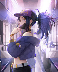 Rule 34 | 1girl, akali, baseball cap, belt, blue eyes, bracelet, choker, earrings, from side, hair through headwear, hair tie, hat, highres, jacket, jacket partially removed, jewelry, k/da (league of legends), k/da akali, league of legends, lights, long hair, looking ahead, luli ovo, mask, mask pull, microphone, mouth mask, neck ring, official alternate costume, ponytail, purple hair, solo, train interior, upper body