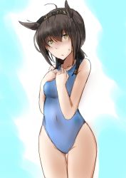 Rule 34 | 1girl, blue background, blue one-piece swimsuit, bodysuit, brown hair, clothes writing, commentary request, covered navel, cowboy shot, embarrassed, hachimaki, hair flaps, hatsuzuki (kancolle), headband, highres, kamaboko senshi, kantai collection, looking at viewer, one-piece swimsuit, short hair, solo, standing, swimsuit, yellow eyes