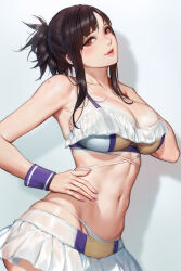 Rule 34 | 1girl, abs, bikini, bikini skirt, black hair, breasts, cleavage, final fantasy, final fantasy vii, final fantasy vii rebirth, final fantasy vii remake, frilled bikini, frills, hand on own hip, head tilt, highres, large breasts, looking at viewer, nail polish, navel, neoartcore, official alternate costume, official alternate hairstyle, patreon username, pink nails, red eyes, simple background, smile, solo, stomach, swimsuit, thong, thong bikini, tifa lockhart, toned, wristband