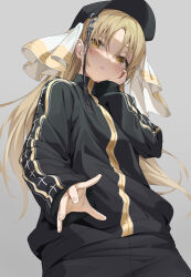 Rule 34 | 1girl, bandana, baseball cap, black hat, black jacket, blonde hair, blush, commentary, cowboy shot, dogma (vocaloid), english commentary, floating hair, grey background, hachinatsu, hand on own face, hat, highres, jacket, long hair, long sleeves, looking at viewer, looking up, nijisanji, official alternate costume, parted bangs, parted lips, reaching, reaching towards viewer, simple background, sister claire, skirt, sleeves past wrists, solo, track jacket, virtual youtuber, white bandana, yellow eyes