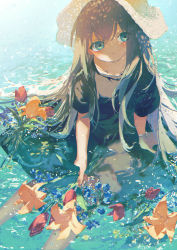 Rule 34 | 1girl, black dress, blue eyes, blue flower, bouquet, brown hair, brown hat, closed mouth, commentary request, day, dress, flower, full body, hat, highres, holding, holding bouquet, long hair, looking at viewer, ocean, original, outdoors, partially submerged, potg (piotegu), red flower, short sleeves, solo, sun hat, water, yellow flower