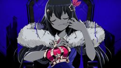 Rule 34 | 1girl, barbed wire, blue background, blue theme, chair, closed eyes, coat, commentary request, crown, unworn crown, facing viewer, finger to mouth, fur-trimmed coat, fur trim, grin, hair ornament, hairclip, highres, holding, holding crown, hololive, king (vocaloid), long hair, official art, second-party source, smile, solo, teeth, throne, tokino sora, tokino sora (1st costume), tsuuchan, virtual youtuber, vocaloid