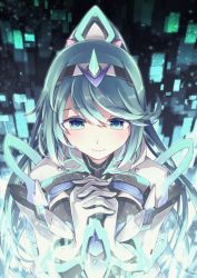 Rule 34 | 1girl, aqua eyes, aqua hair, breasts, from above, headband, highres, horns, natsukawamikan, nintendo, own hands clasped, own hands together, pneuma (xenoblade), ponytail, single horn, spoilers, xenoblade chronicles (series), xenoblade chronicles 2